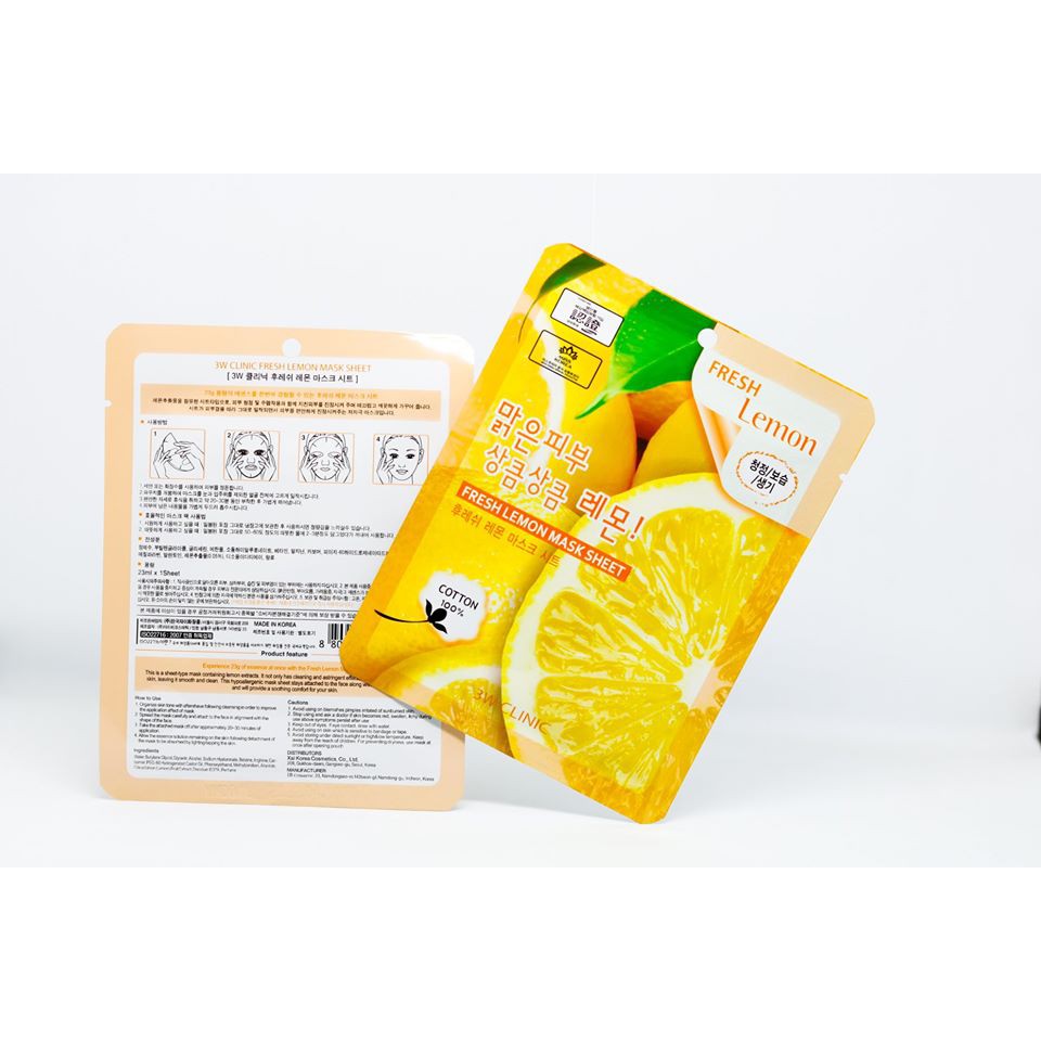 (CHUẨN HÀN CÓ BILL ) Mặt nạ dưỡng trắng sáng da chiết xuất chanh tươi 3W Clinic Fresh Lemon Mask Sheet chính hãng