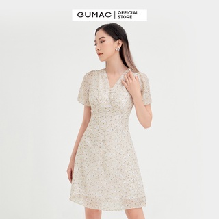 Đầm hoa nhí nữ nhún cúp ngực GUMAC thiết kế hoa tiểu thư màu kem DB449