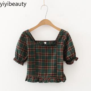 Áo Croptop cổ vuông chất liệu mỏng nhẹ họa tiết sọc caro thời trang mùa hè cho nữ