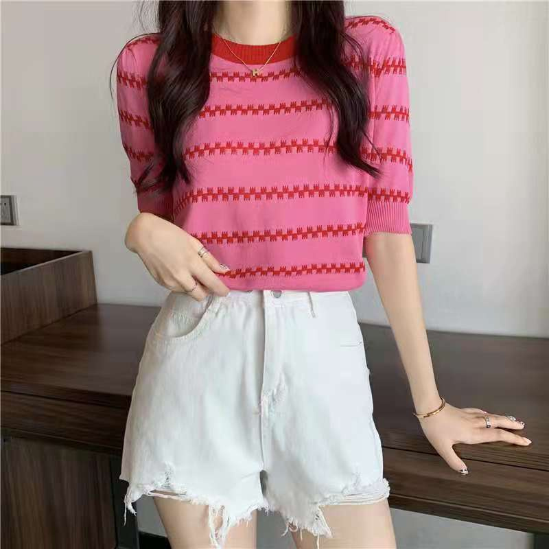 Áo thun tay ngắn cổ tròn dáng rộng họa tiết kẻ sọc phong cách Hàn Quốc thời trang dành cho nữ
