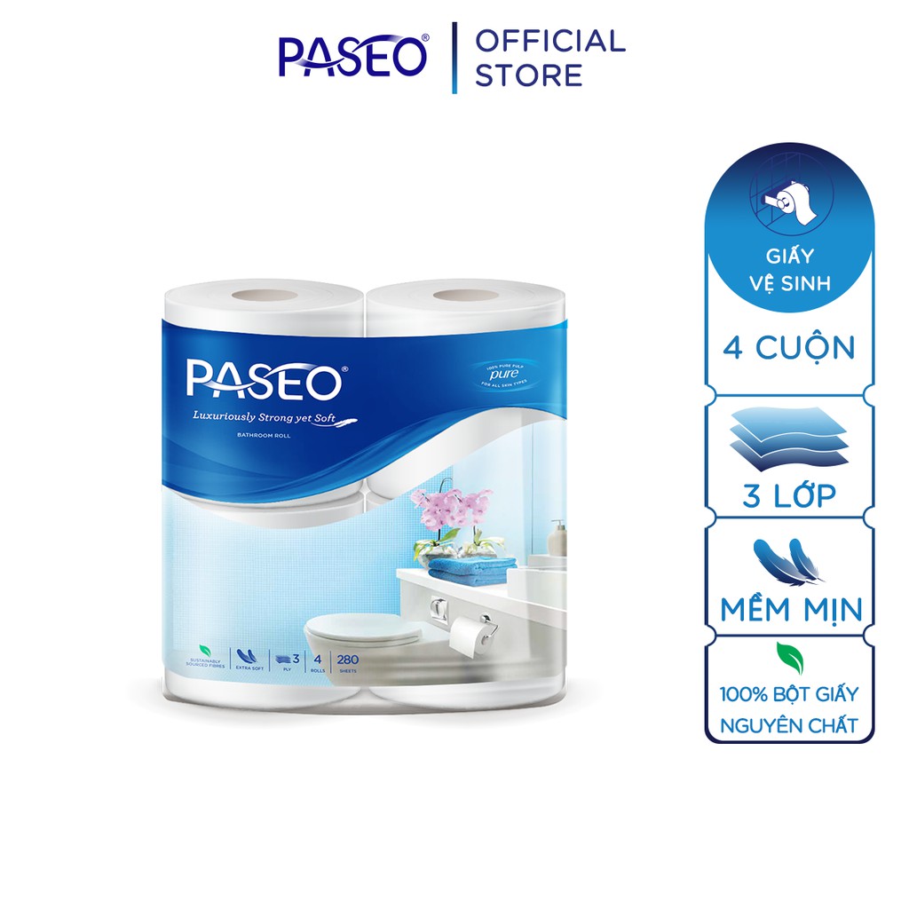 [Mã LTBAUAB8 giảm 7% đơn 99K] Giấy vệ sinh cao cấp Paseo dai, mềm mịn trơn/in hoa (4 cuộn 3 lớp)/lốc