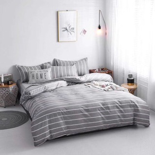 Bộ Drap & Chăn Phao Cotton Poly Kẻ Sọc Xám