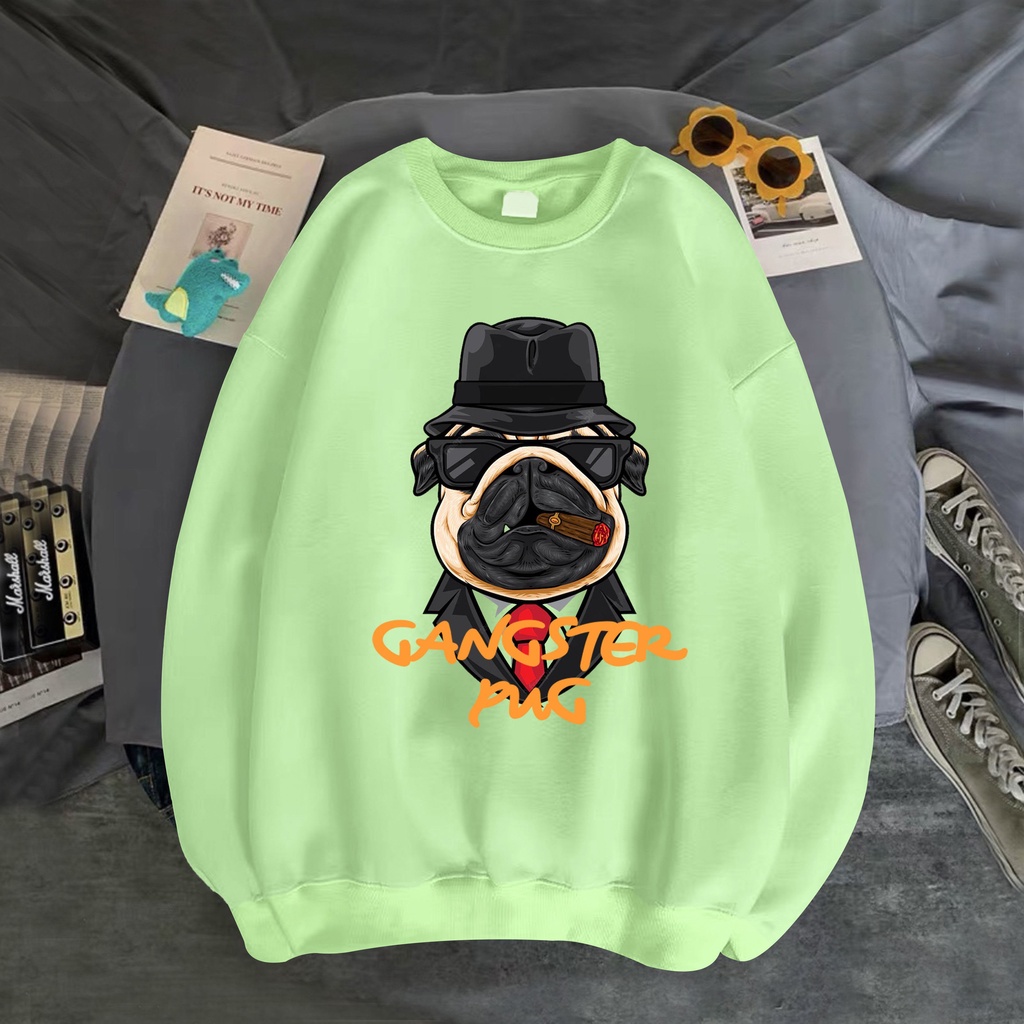 Áo sweater nỉ unisex in gangster pug cực ngầu chất vải nỉ poly dày dặn