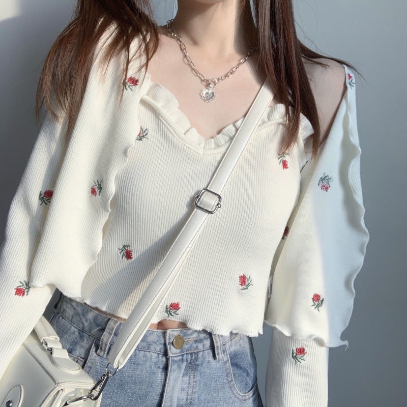 Bộ áo cardigan dài tay mềm mại thêu họa tiết phong cách Nhật Bản cho nữ