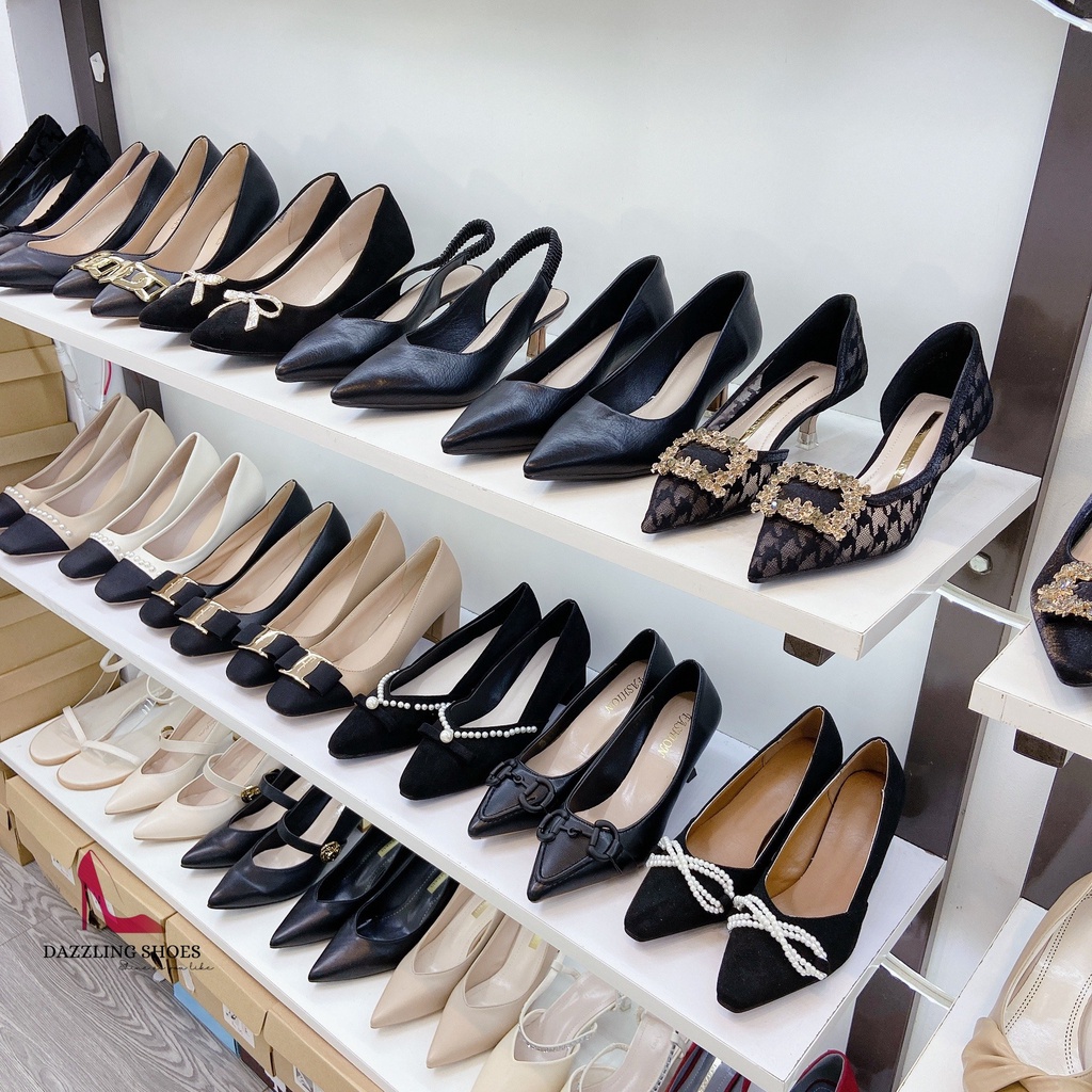 Giày cao gót mũi nhọn, cao 5p charm nơ đá, chất liệu da lộn, kiểu dáng trẻ trung-tiemgiaydazzling DA694