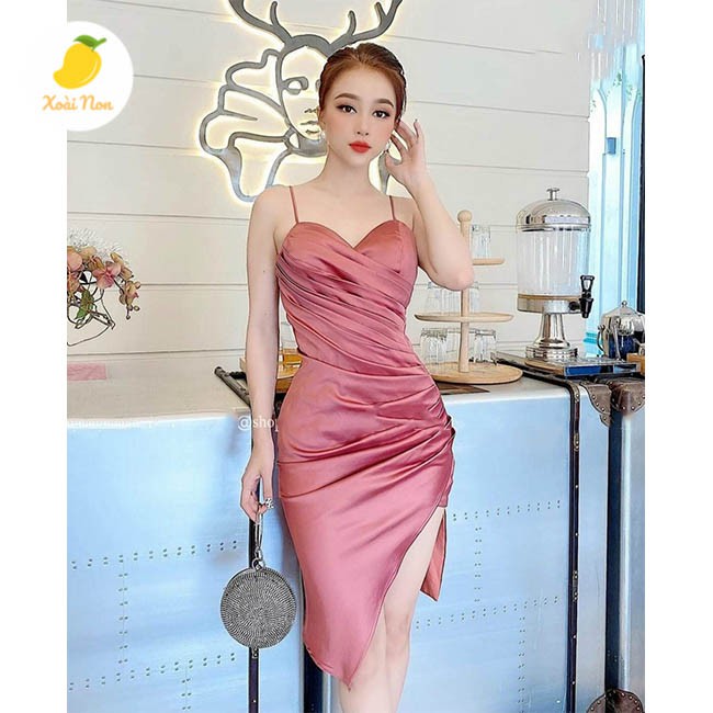 Xoài Non Đầm váy body lụa xẻ đùi ( đen, xanh, hồng, trắng ) tôn dáng cho nàng thời trang dạo phố, dự tiệc