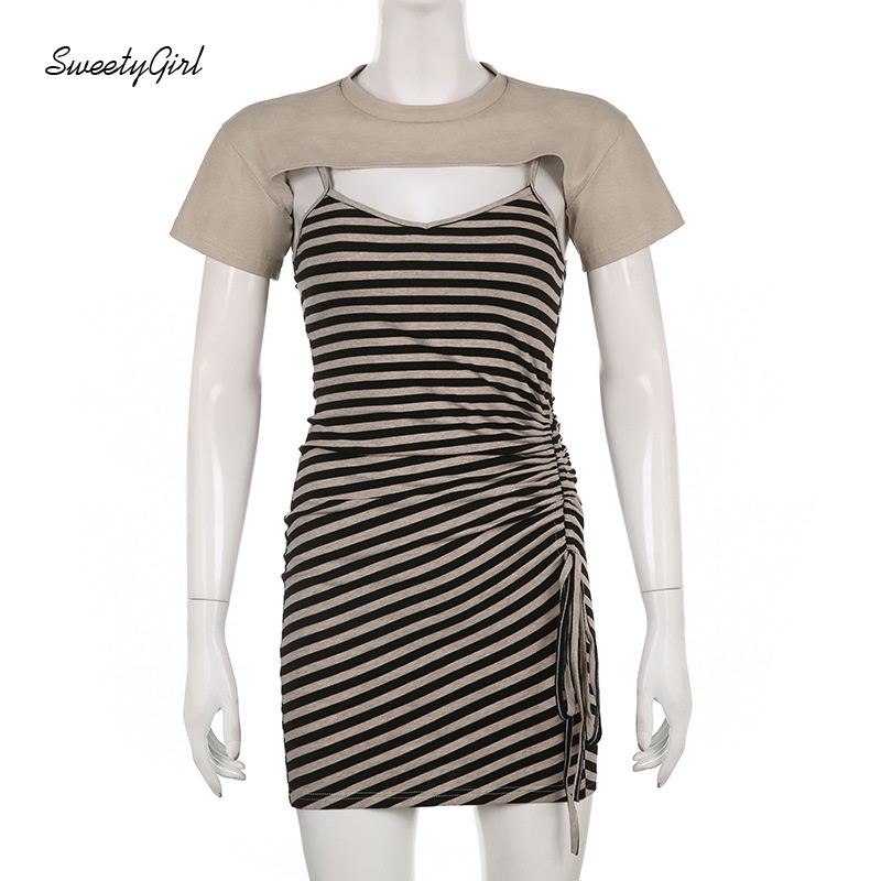 Đầm Mini Tay Ngắn Họa Tiết Kẻ Sọc Màu Sắc Tương Phản Thời Trang Quyến Rũ Cho Nữ 2022