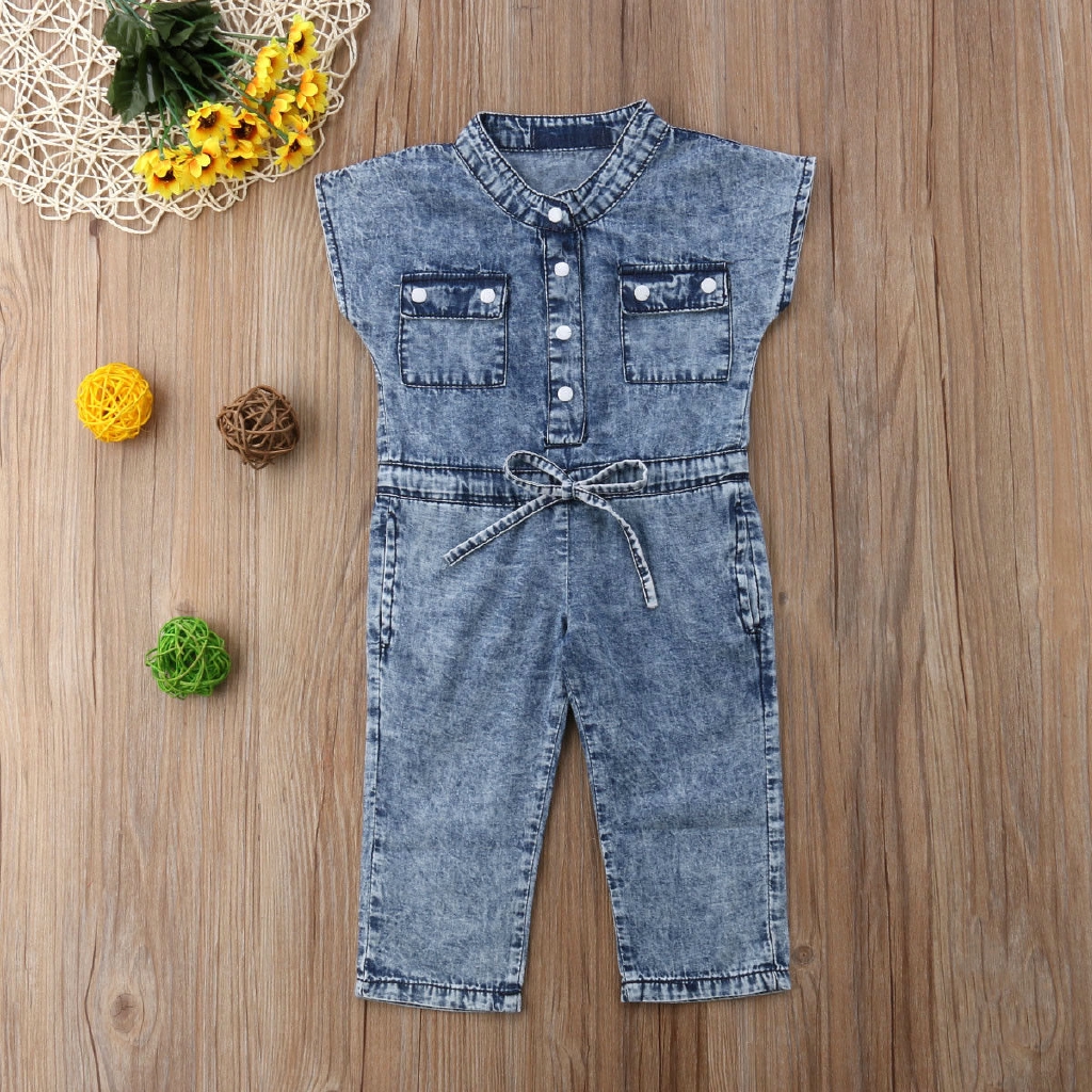 Bộ jumpsuit denim quần dài áo không tay kiểu dáng cá tính thời trang cho bé gái