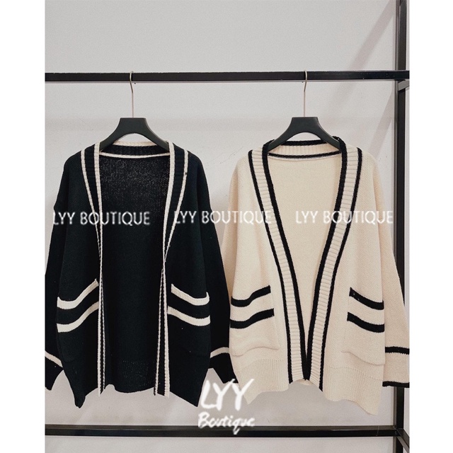 Áo cardigan len trơn viền nổi không cúc 2 túi trước 2 màu đen trắng LYY BOUTIQUE | BigBuy360 - bigbuy360.vn