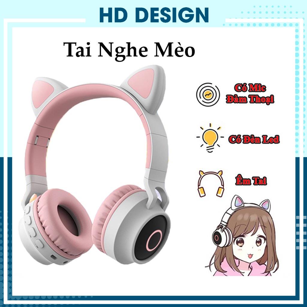 Tai Nghe Bluetooth Không Dây Mèo Cute, Tai Nghe Mèo Chụp Tai - Có Míc - Đệm Tai Êm -Chống Ồn-Tích Hợp Đèn Led