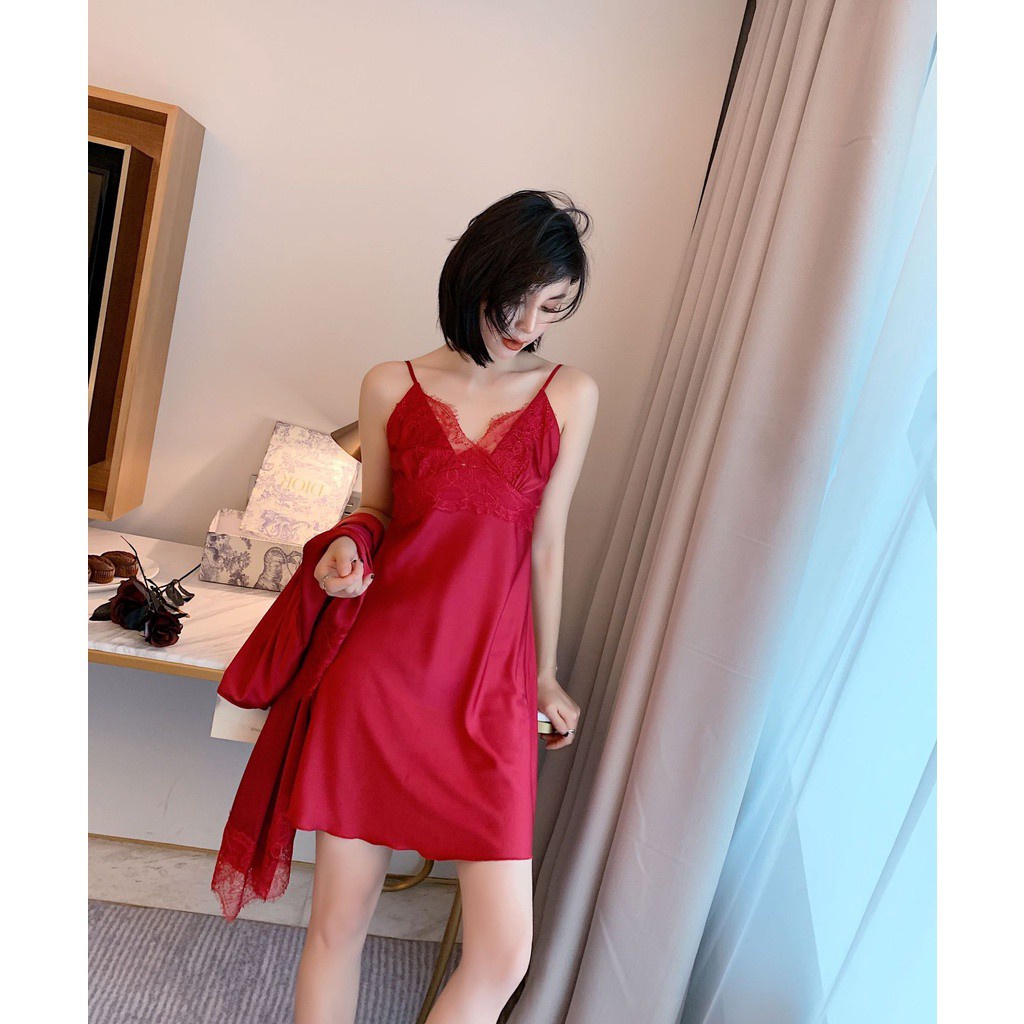 Đầm Ngủ Vải Lụa Lạnh Viền Ren Mềm Mại Cổ Chữ V Có Đệm Mút Nâng Ngực Thời Trang Mùa Hè Quyến Rũ Cho Nữ