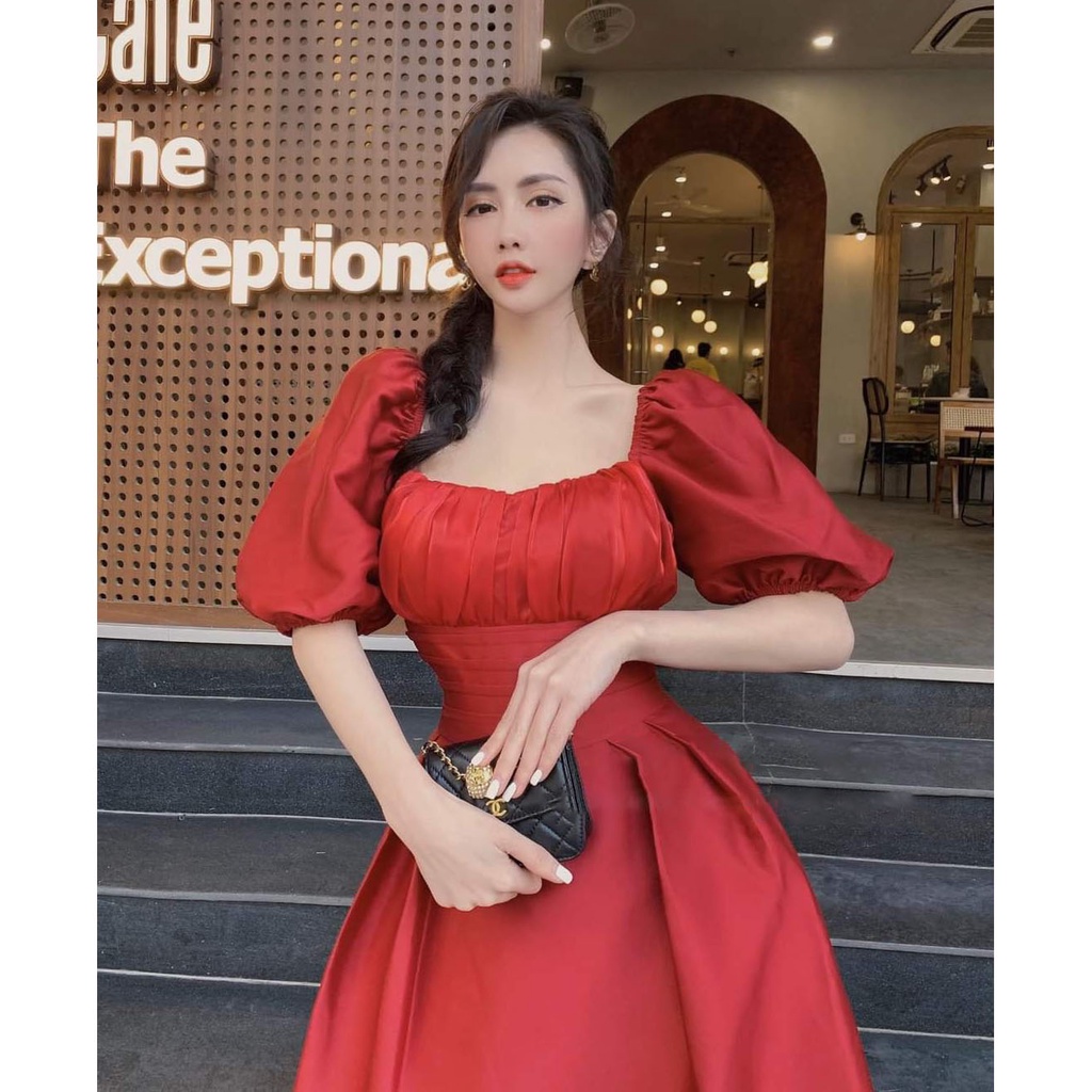 [Đầm Mới] Đầm Nữ Dự Tiệc Tay Phồng Cotton Lạnh Phối Tơ Sống Thời Trang Nữ Sam Closet Free Size 40-55kg