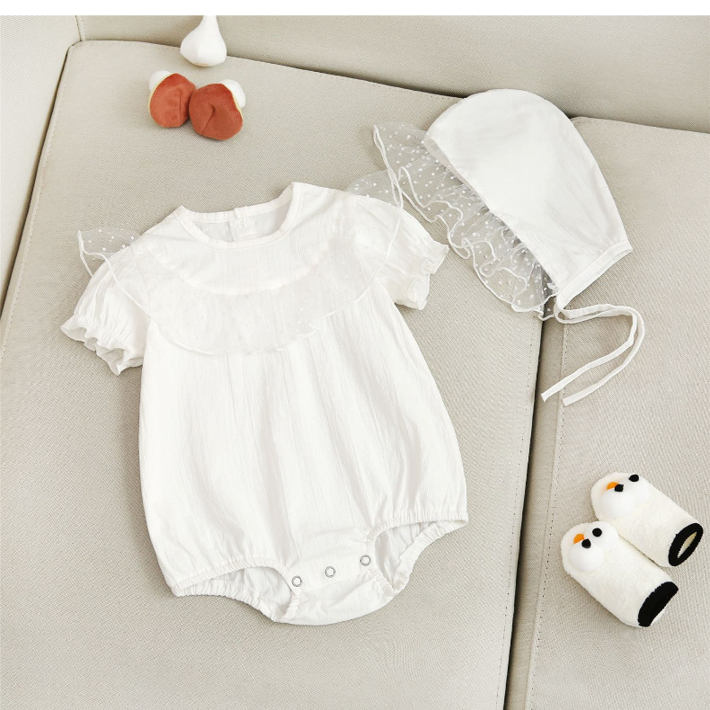 Jumpsuit cổ bèo kèm mũ cho bé gái sơ sinh từ 0-24 tháng tuổi