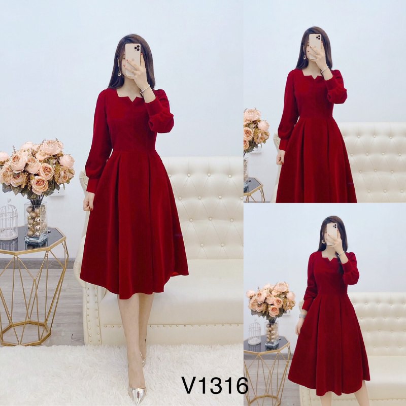 [ xả kho ] MiD Đầm đỏ xòe cổ vuông khoét V1316 duyên dáng Mie Design kèm ảnh thật