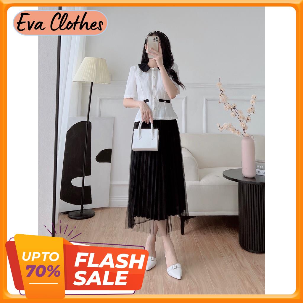 Chân váy cạp chun xếp ly Free size mix áo croptop sơ mi 2 lớp dài qua gối giữ form tốt EvaClothes