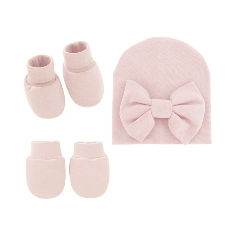 Bộ Găng Tay + Mũ + Găng Tay + Găng Tay Cotton Mềm Mại Chống Trầy Đính Nơ Xinh Xắn Cho Bé Sơ Sinh