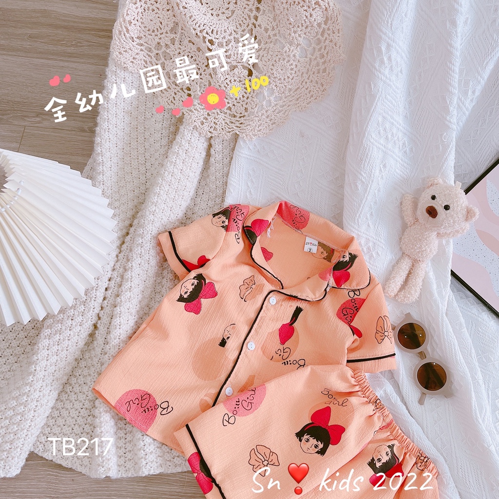 Bộ pijama cộc tay mặc nhà cho bé gái vải đũi xốp thoáng mát, mềm mại size từ 10 đến 20 kg