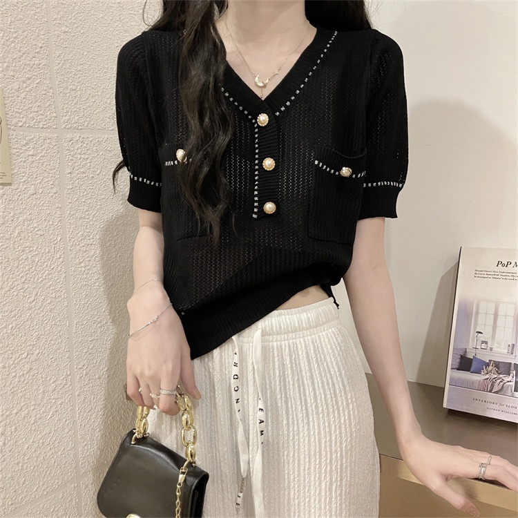 SUXI Áo Thun Dệt Kim Tay Ngắn Cổ Chữ V Màu Sắc Trơn Phong Cách Hàn Quốc Cho Nữ