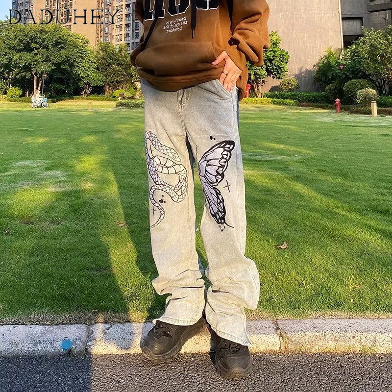 DaDuHey American Street Retro Washed Butterfly Embroidered Jeans Men 'S And Women 'S High Street Fashion Brand Casual Pants