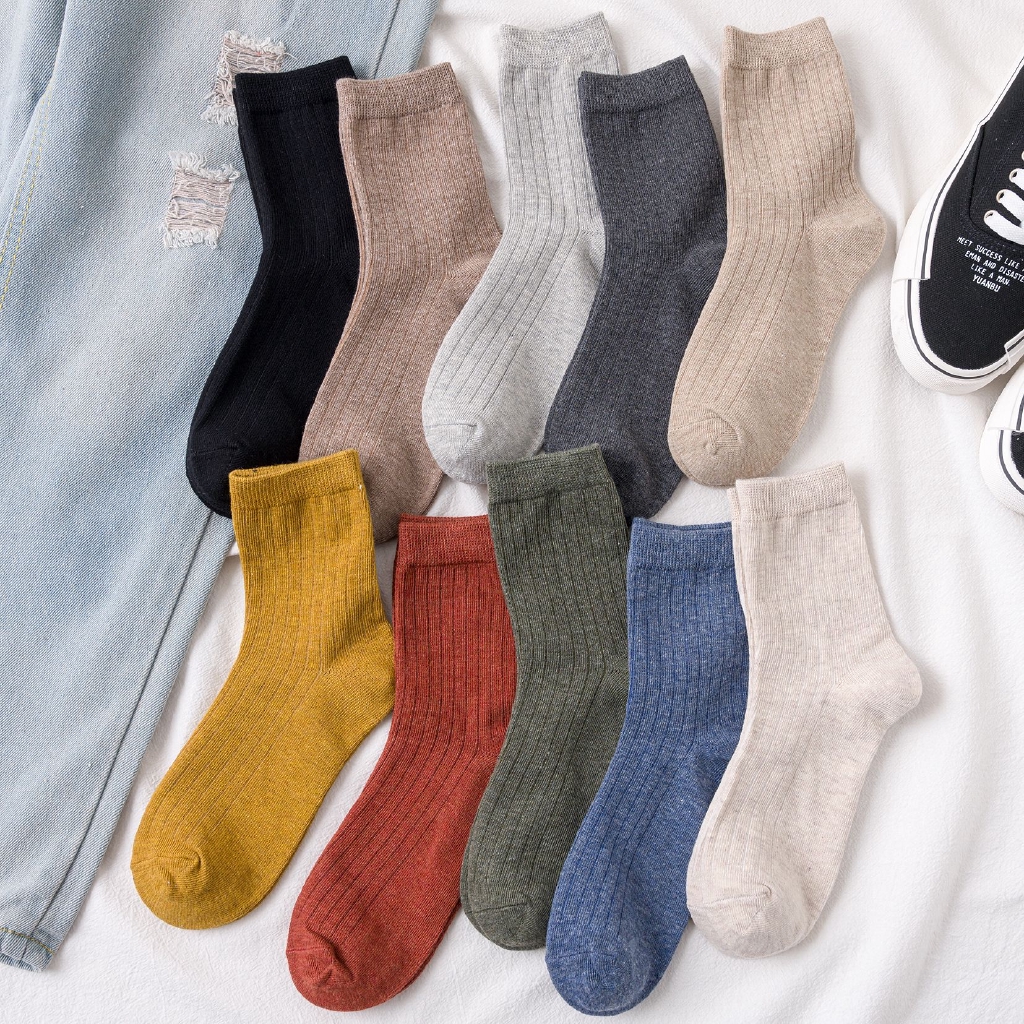 Vớ cotton cao qua mắt cá chân kẻ sọc màu trơn nhiều màu sắc thời trang thu đông phong cách Nhật Bản cho học sinh nữ