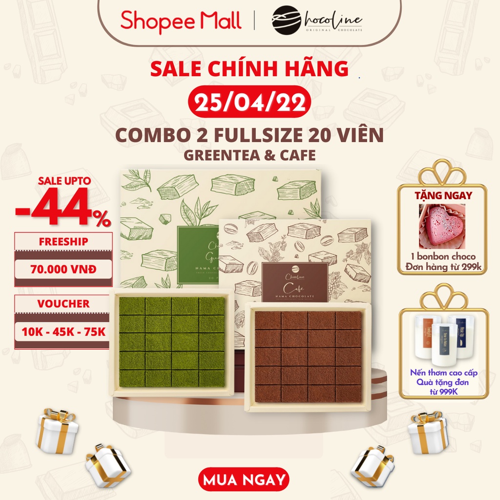 Socola Tươi Chocoline Vị Matcha Trà Xanh &amp; Cà Phê - Combo 2 hộp 20 Viên (260gram)