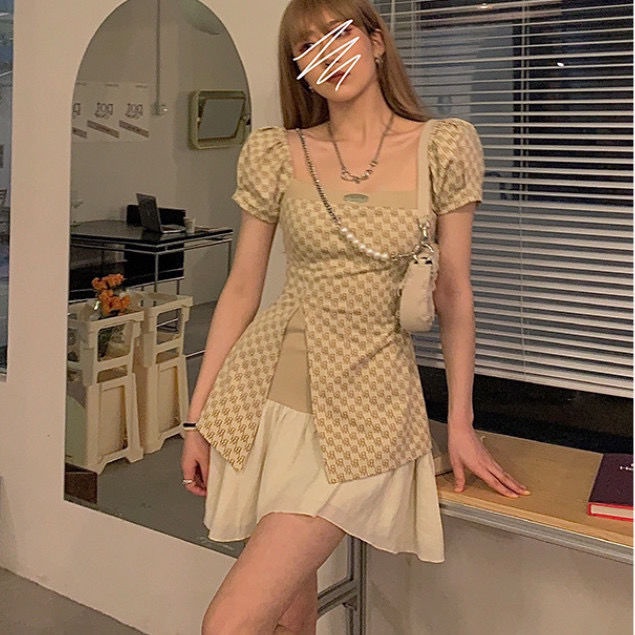 COZOK Đầm Tay Ngắn Cổ Vuông Thiết Kế Lệch Tà Kiểu Vintage Sành Điệu