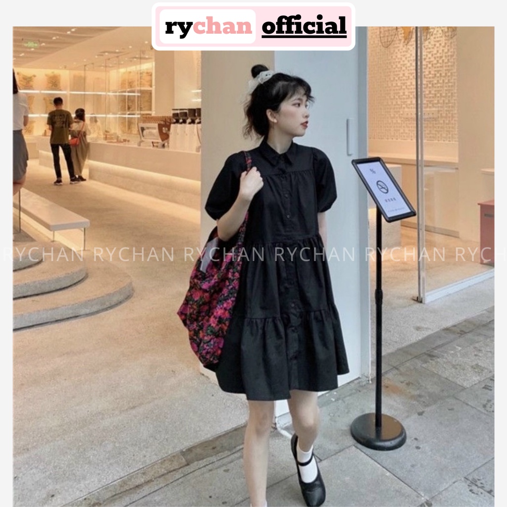Đầm Babydoll Sơ Mi Nhún Tầng Dễ Thương Ulzzang, Đầm Form Rộng Suông Màu Trắng Đen Cute - DX9954