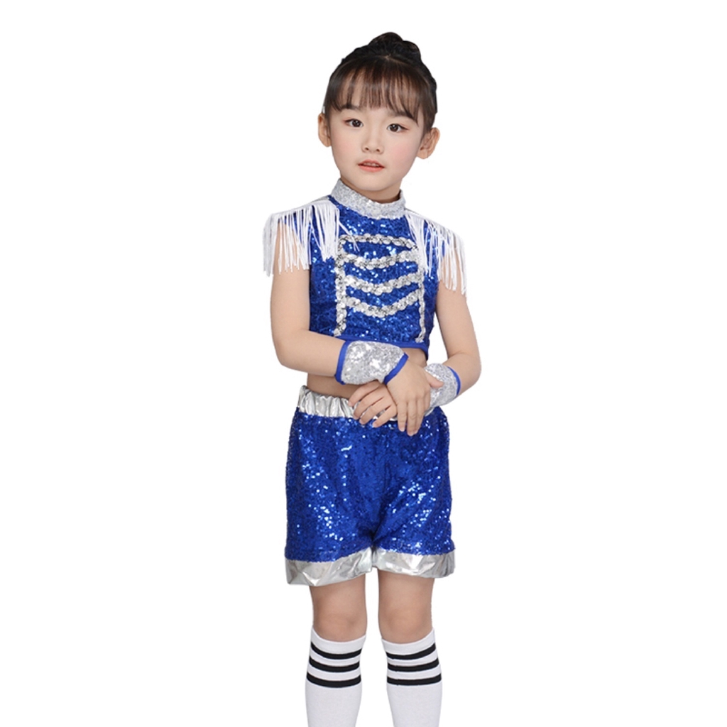 Bộ đồ trình diễn phối tua rua đính kim sa màu xanh dành cho unisex