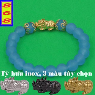 Vòng tay đá xanh biển mờ 8 ly 4 khía Mix Tỳ Hưu inox VTAXBMTHHKV8 - Hợp mệnh Thủy, mệnh Mộc - Phong thủy 868