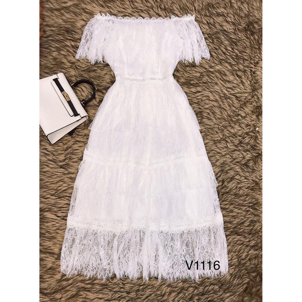 [ xả kho ] MiD Đầm ren trắng trễ vai 3 tầng V1116 Mie Design ảnh thật