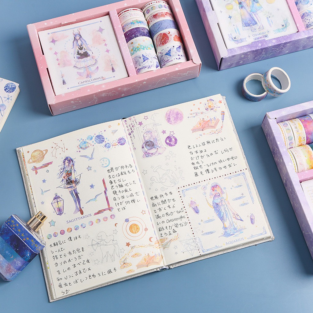 Washi Tape Và 10 Tờ Stickers Băng Keo Dán Trang Trí Xinh In Hình 12 Cung Hoàng Đạo Bullet Journal