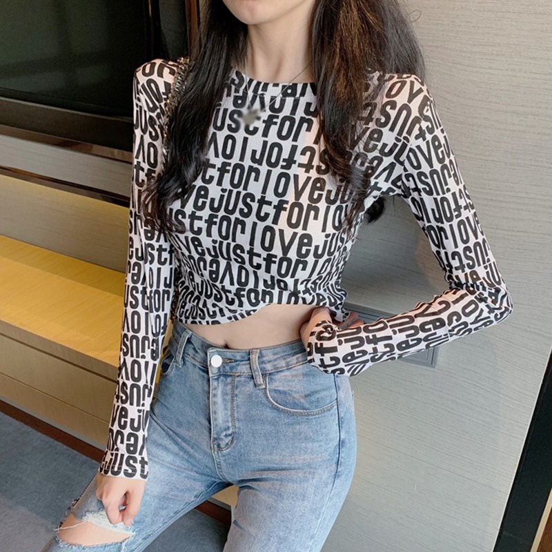 Áo Phông Áo Thun Áo Croptop Tay Dài Hoạ Tiết Chữ In Thiết Kế Đơn Giản Cho Nữ
