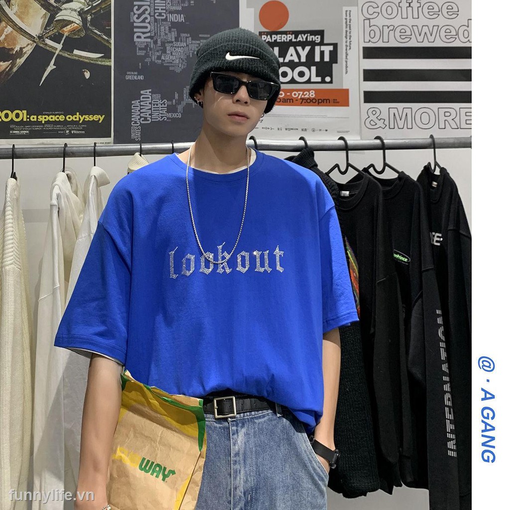 2021European and American fashion brand t-shirts, trendy male high street letters Hot drilling Hong Kong style oversize short-sleeved men s hiphop street top