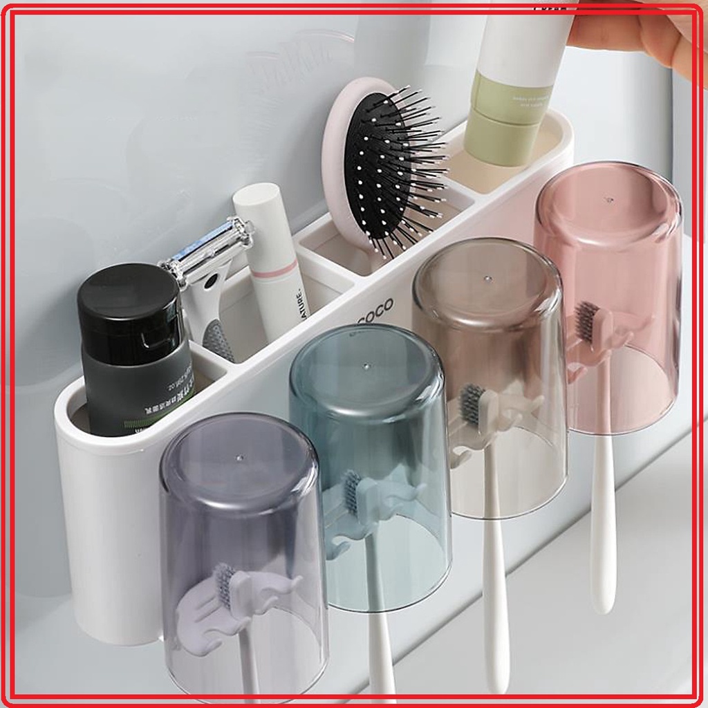 Bộ nhả kem đánh răng tự động Hãng ECOCO loại 4 cốc Freeship Kệ đựng bàn chải đánh răng - kệ để đồ nhà tắm dán tường