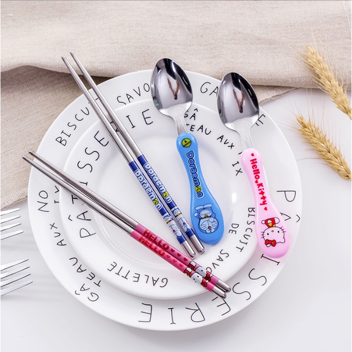 Bộ muỗng đũa tập ăn inox cao cấp Doremon, dụng cụ đũa thìa dĩa văn phòng