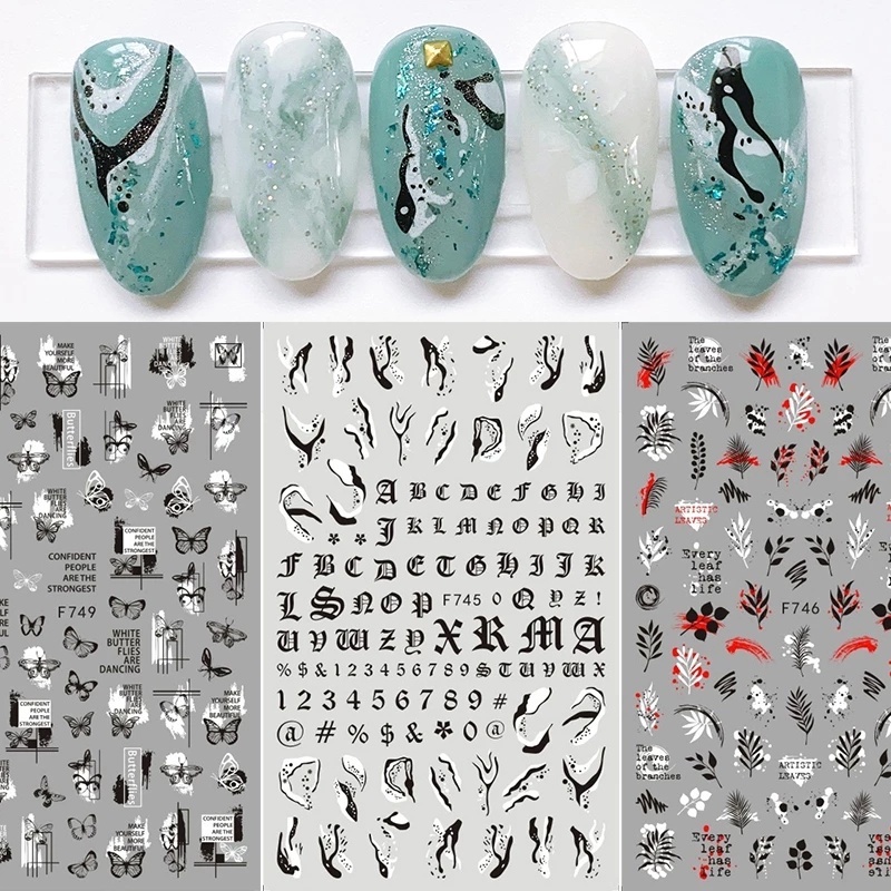 1 Tấm Nhãn Dán Trang Trí Móng Tay 3D Họa Tiết Chữ Cái/ Lá Phong/ Hình Học Màu Trắng/ Đen