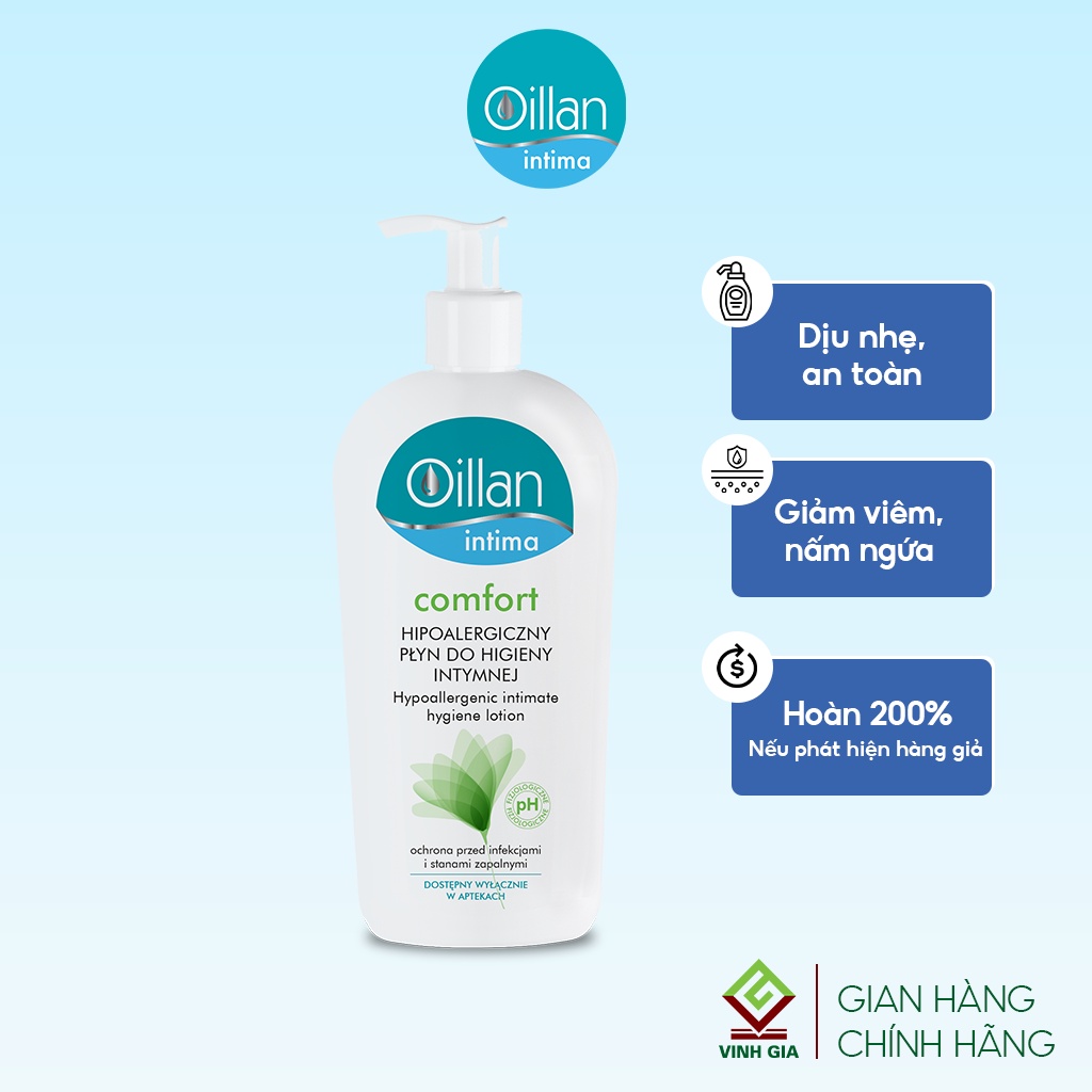 Dung Dịch Vệ Sinh Phụ Nữ OILLAN Intima Comfort Giảm Nấm Ngứa, Không Kích Ứng Giúp Làm Sạch Nhẹ Dịu 400ml Date T2/2023