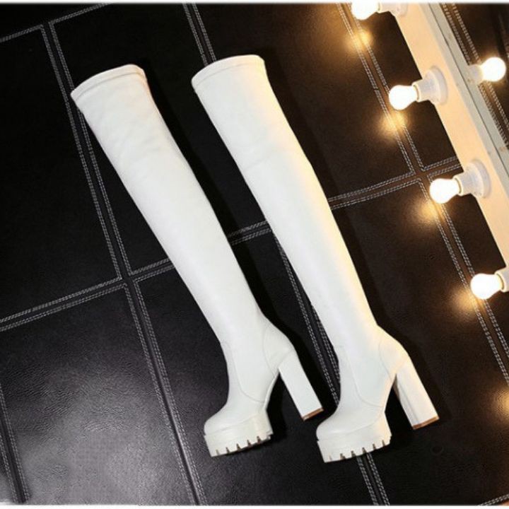 Boot ống cao ngang đùi gót vuông 12cm màu trắng GCC6102 | BigBuy360 - bigbuy360.vn