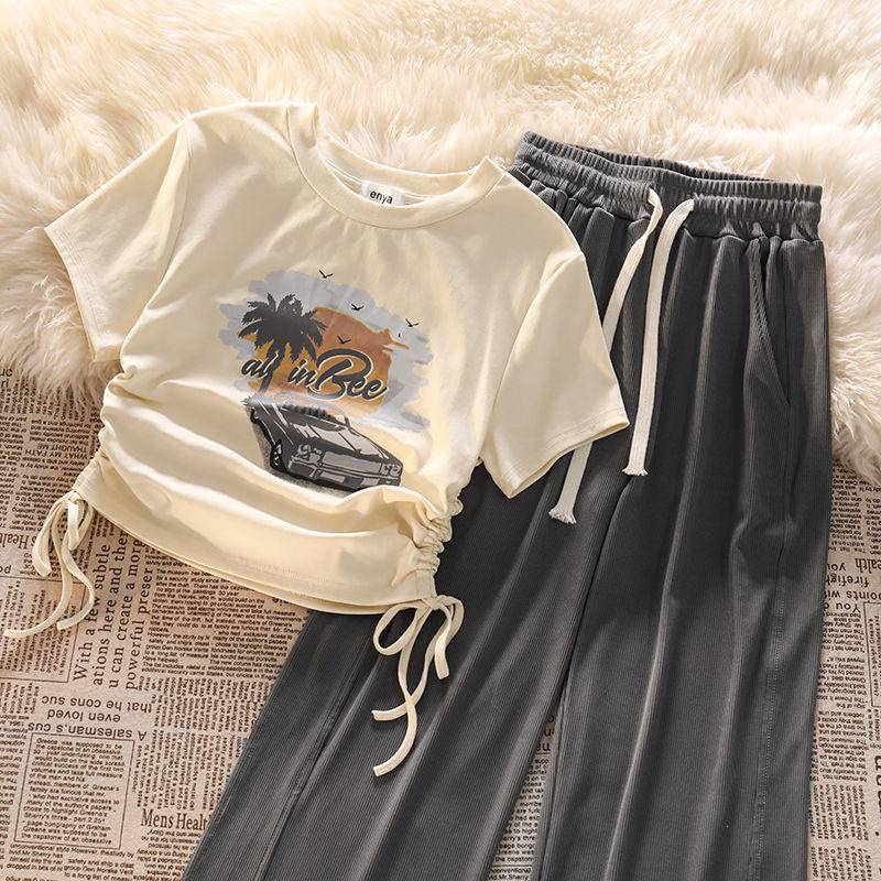 Áo Tay Ngắn Dây Rút In Hình Mỹ Mùa Thu Cho Nữ + Quần Ống Rộng Thường Ngày Và Quần 2 Chiếc