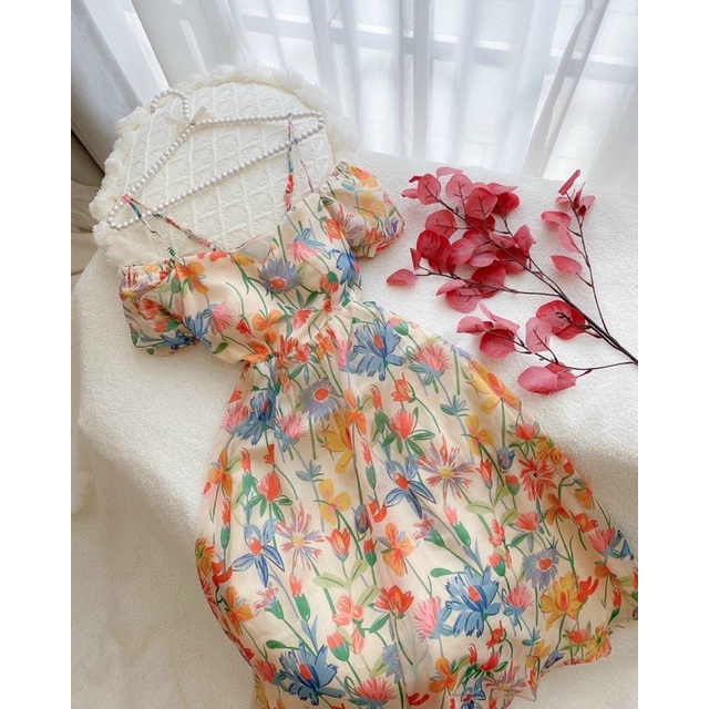 Maxi lụa hoa 2 dây trễ/bẹt vai đan thắt lưng, đầm dài sang trọng dễ thương, thời trang nữ hotgirl đi chơi/biển du lịch