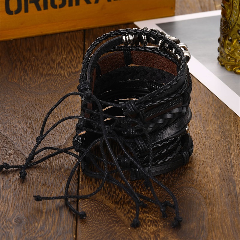 Set 6 Vòng Tay Da Nhiều Lớp Đính Hình Đầu Lâu Và Ngôi Sao Kim Loại Phong Cách Gothic Cho Nam &amp; Vòng Đeo Tay Cho Nam