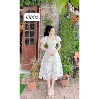 Váy ren cup ngực cổ vuông tay bồng mã V15