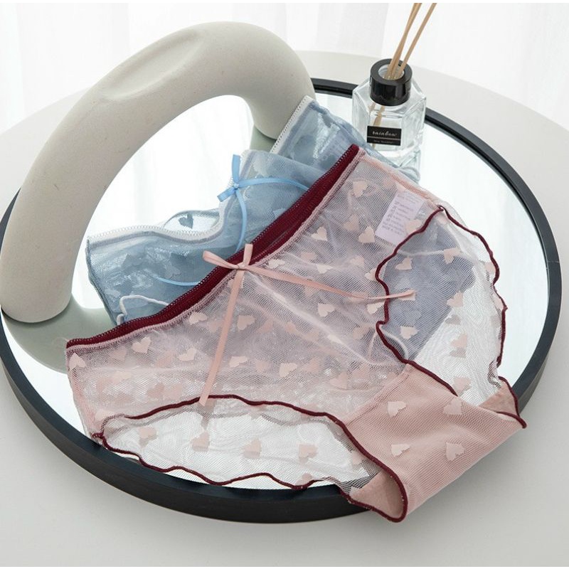 Quần Lót Ren Mỏng Siêu Sexy Phối Nơ Cạp Kèm Hoạ Tiết Trái Tim h006