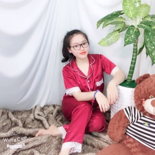 Pizama phi lụa ren tay ngắn quần dài