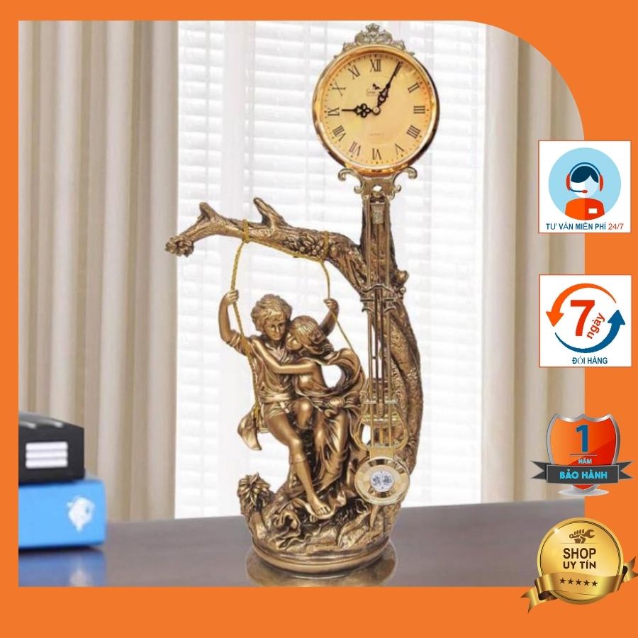 Đồng hồ để bàn TÂN CỔ ĐIỂN quả lắc DH70-A tạo hình cậu bé – cô bé ngồi xích đu cao cấp.
