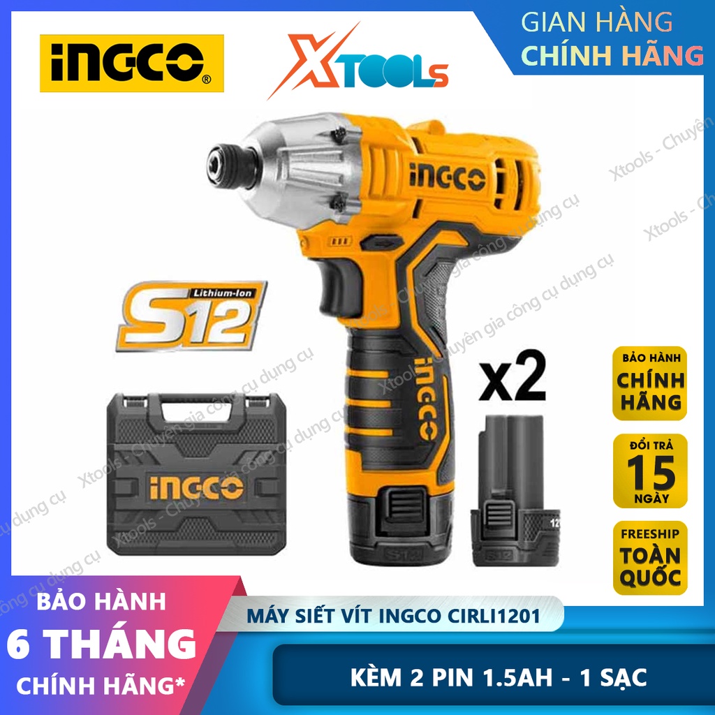 Máy siết vít dùng pin 12V Ingco CIRLI1201 Điện thế khoan: 12V, Kèm theo 3 mũi bắn tôn + 2 mũi siết  [chính hãng][xtools]