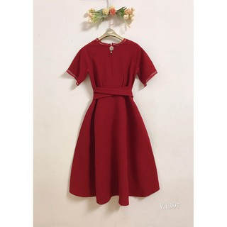 Váy thiết kế - Váy xòe đỏ thắt eo V1397 ( Ảnh mẫu và trải sàn do shop tự chụp )