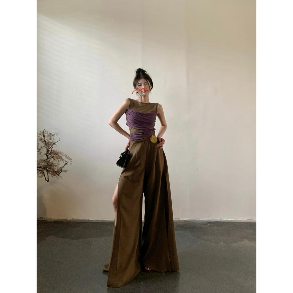 Bộ Áo Lưới Chắp Vá Với Quần Dài Dáng Rộng Xẻ Tà Và Giảm Béo (Đặt Hàng Riêng Lẻ)