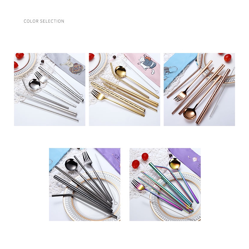 304 Food Stainless Steel Reusable 8pcs Set Metal Printing Straws Chopsticks Fork Spoon Straw W/ Cute Pouch Set