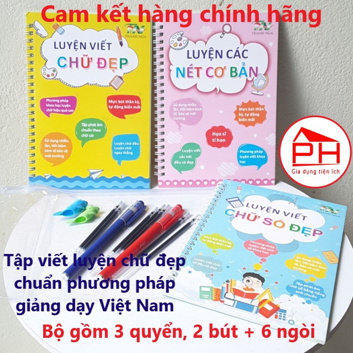 Bộ 3 cuốn vở tập viết tự xóa thần kỳ Thanh Nga (Luyện nét, luyện chữ đẹp, luyện chữ số và 2 bút 2 kê tay, 6 ngòi bút)